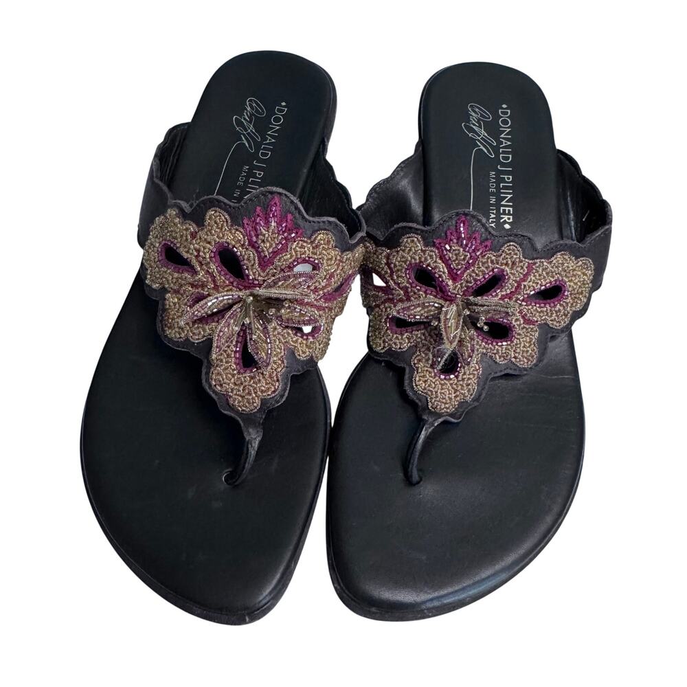 Y2K Donald J Pliner Beaded Floral Leather Thong Sandals Italy Sz 6.5